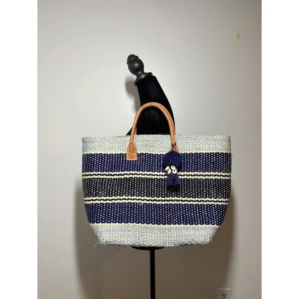 Hatattack Blue Striped Woven Straw Beach Leather Handle Tote Bag Purse Shopper